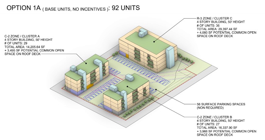 Option 1 · Base (by right) — massing diagram, 92 units