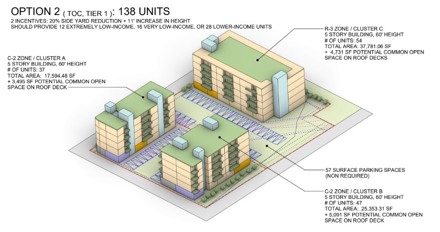 Option 2 · TOC Tier 1 — massing diagram, 138 units