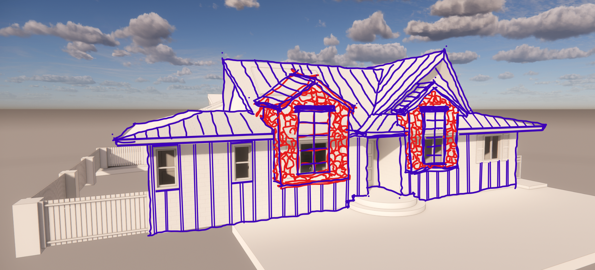 Working the new roofline and stone massing over the existing model — our design study for the new façade.